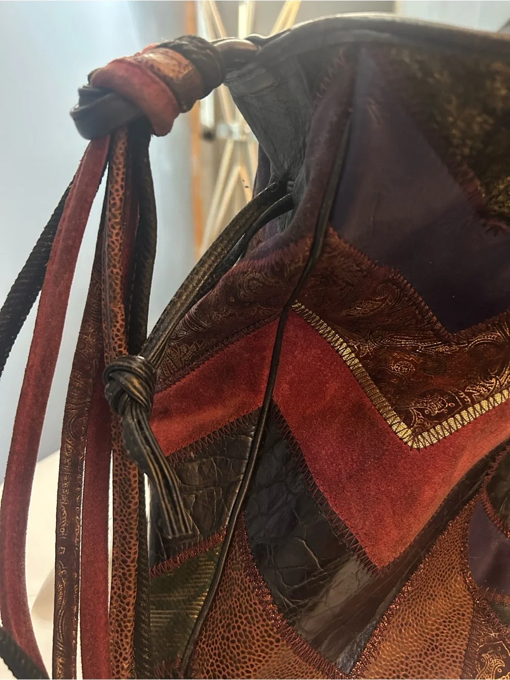 Vintage Carla Marchi Italian Leather Patchwork Bucket Bag – Boho Drawstring Hobo